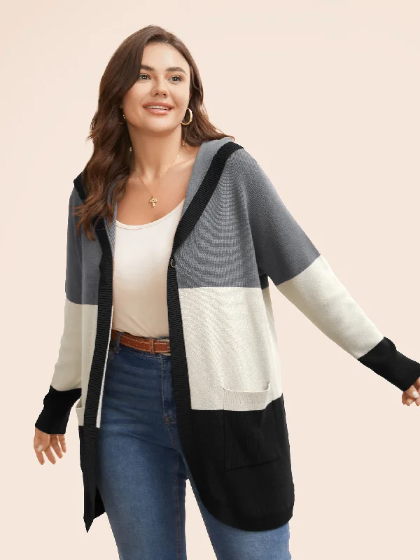 Affordable Women's Attire Limited Time Deal Colorblock Contrast Patched Pocket Hooded Cardigan Affordable Women's Attire Limited Time Deal Colorblock Contrast Patched Pocket Hooded Cardigan