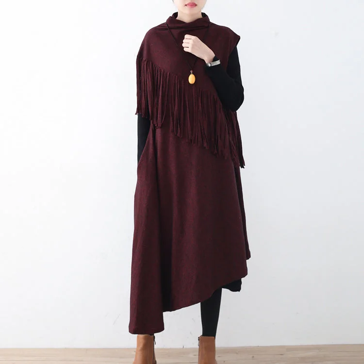 Budget Friendly Fine burgundy long woolen trendy plus size tassel fall dresses Elegant asymmetric hem winter dress