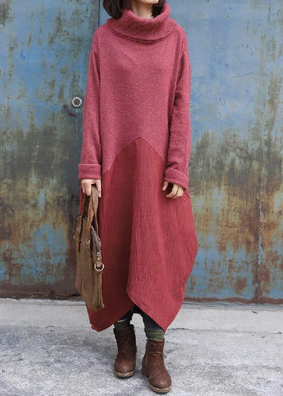 Mother'S Day Special Pullover patchwork Sweater high neck dress outfit Design red Mujer sweater dress