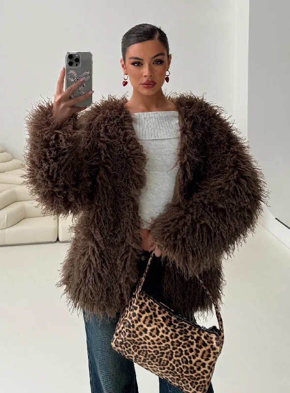 Fashion Deal Cheshire Faux Fur Jacket Chocolate