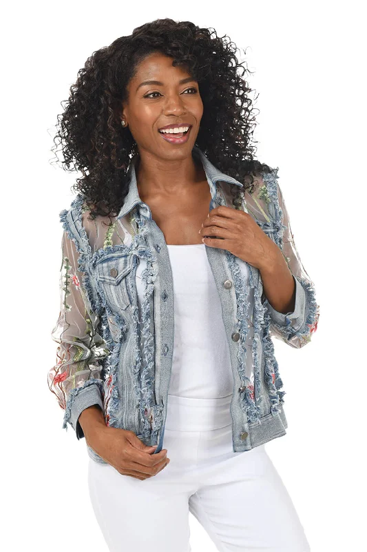 Summer Splash Sale Floral Sheer Distressed Denim Jacket