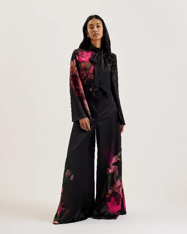 Limited Styles Lousios Printed Wide Leg Jumpsuit With Tie Black