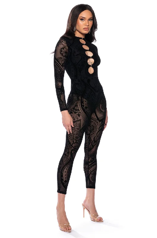 Contemporary Chic CALL ME SHEER PAISLEY CUTOUT JUMPSUIT