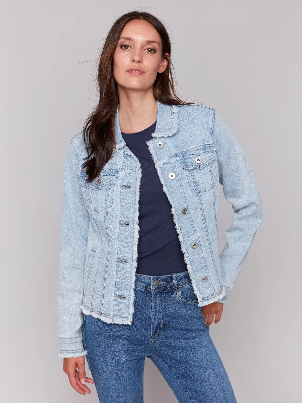 Valentine's Special Frayed Edge Stretch Denim Jacket - Bleach Blue