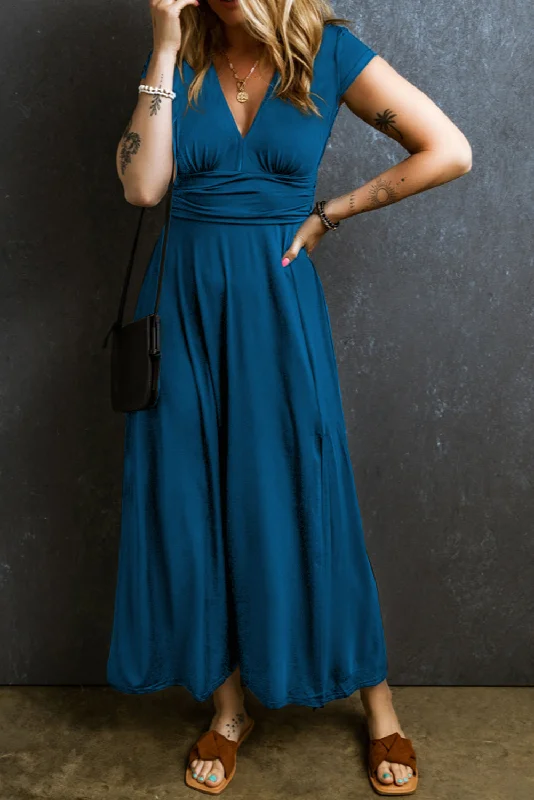 Refined Simplicity Short Sleeve Shirred High Waist V Neck Maxi Dress