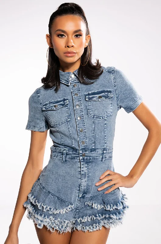 Snag Fabulous Fashion Bargains WORK IT SHORT SLEEVE DENIM ROMPER