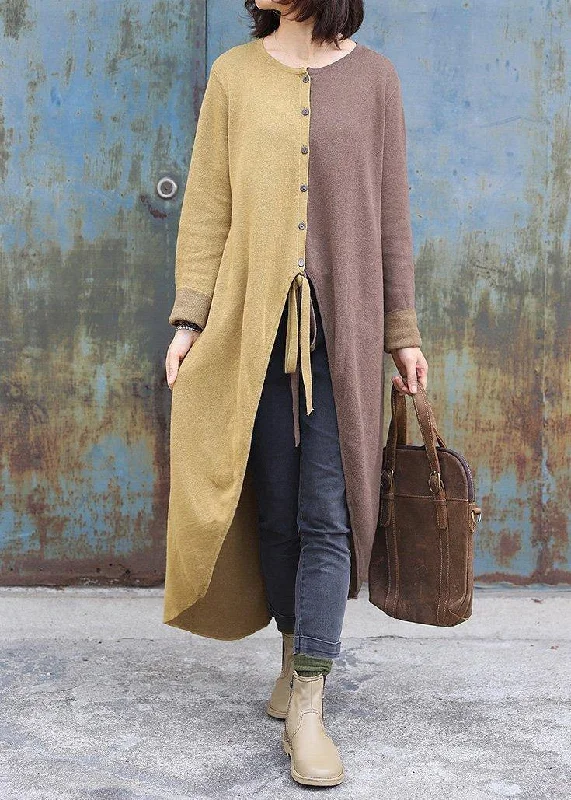 Great Prices On Feminine Styles Cozy khaki patchwork yellow fall fashion o neck asymmetric hem knit outwear