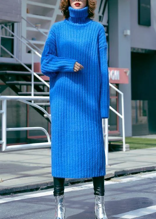 Spring Fashion Oversized blue Sweater dresses Largo high neck tunic fall knit dresses